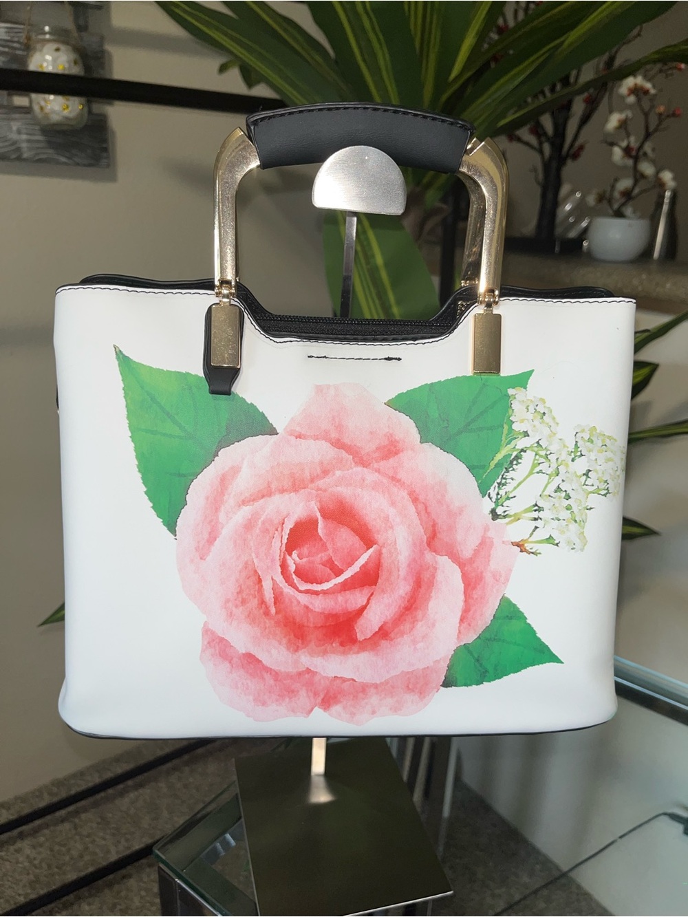 White Tote Bag with Pink Rose Print and Gold-Tone Handles